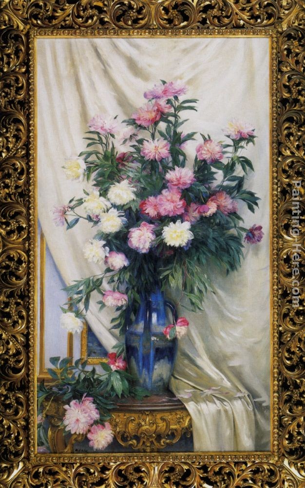 Albert Aublet Peonies in a Blue Vase on a Draped Regency Giltwood Console Table
